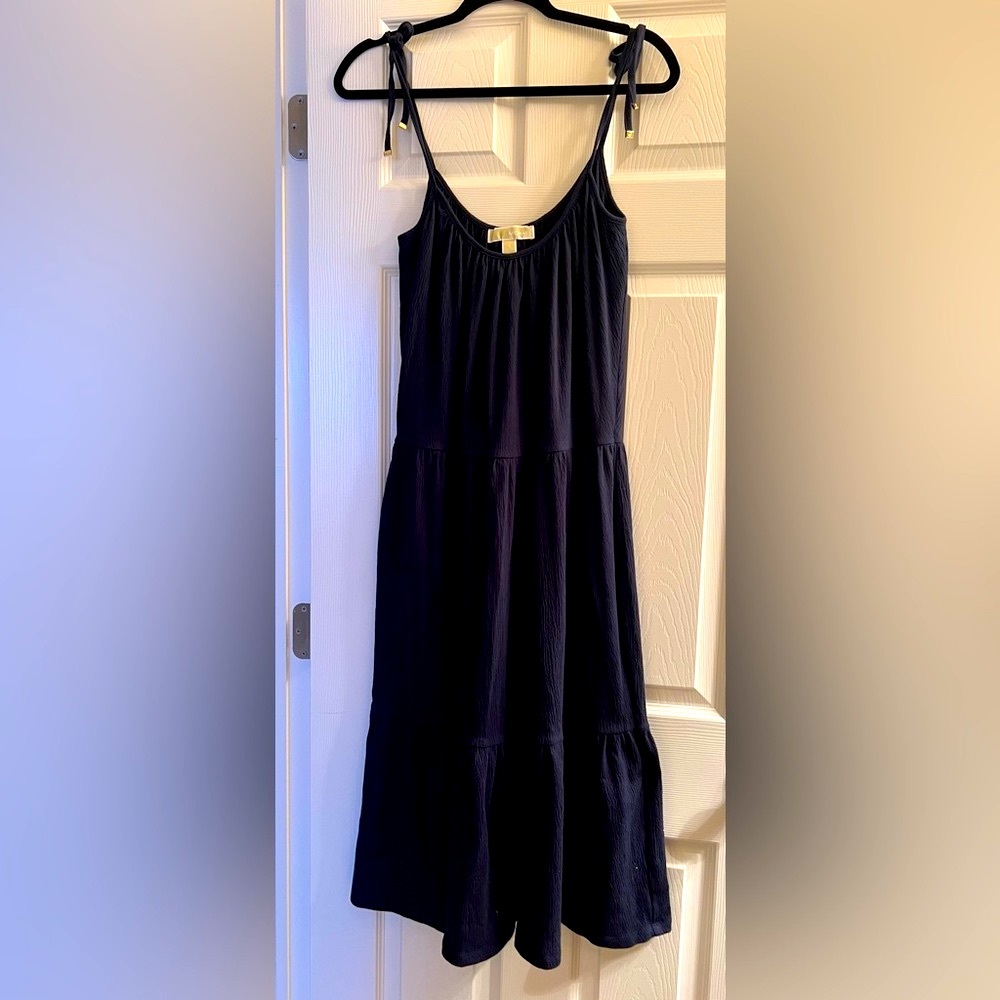 Michael Michael Kors tie shoulder tiered spaghetti strap midi dress in navy - S